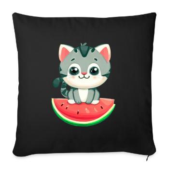 Chat mignon à la pastèque - Kawaii Design - Housse de coussin décorative 45 x 45 cm - noir - Devant
