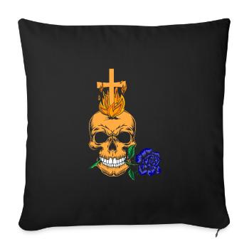 Esthétique gothique - Crâne avec rose bleue - Housse de coussin décorative 45 x 45 cm - noir - Devant