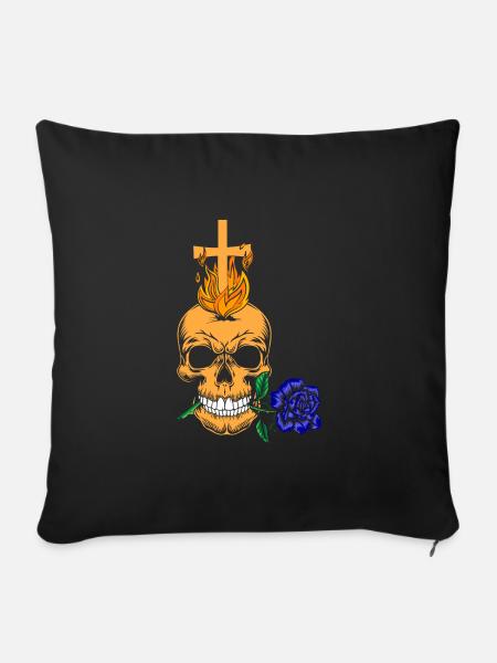 Gothic Asthetic - Totenkopf mit blauer Rose - Sofakissenbezug 45 x 45 cm - Schwarz