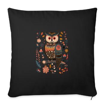 Niedliche Eule Vogel Federn Blumen Muster - Sofakissenbezug 45 x 45 cm - Schwarz - Vorne