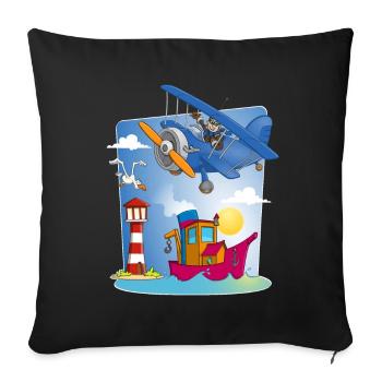 soleil, mer, avion, bateau phare et mouette - Housse de coussin décorative 45 x 45 cm - noir - Devant