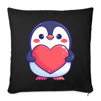 Pingouin tenant un cœur rouge - Adorable dessin animé - Housse de coussin décorative 45 x 45 cm - noir - Devant