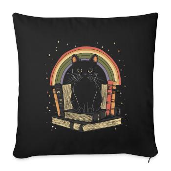 black cat sitting on books - Sofa pillowcase 17,3'' x 17,3'' (45 x 45 cm) - black - Front
