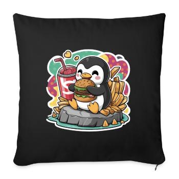 Pinguin mit Softdrink, Burger, French Frites - Sofakissenbezug 45 x 45 cm - Schwarz - Vorne
