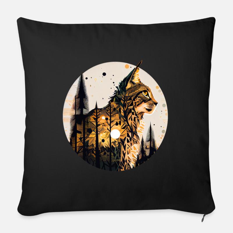 Luchs mit Mond im Wald mit Muster - Sofakissenbezug 45 x 45 cm - Schwarz