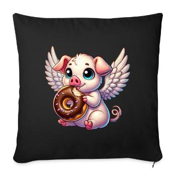 Ange Cochon avec des ailes de beignet Dessin animé mignon - Housse de coussin décorative 45 x 45 cm - noir - Devant