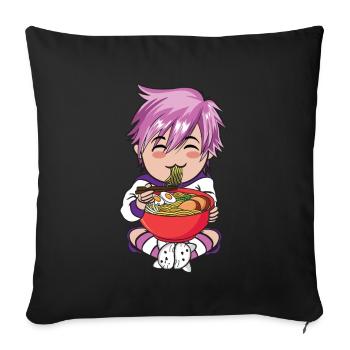 Anime Femboy Eating Japonais Ramen Food Chibi - Housse de coussin décorative 45 x 45 cm - noir - Devant
