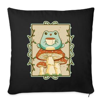Cottagecore Esthétique Kawaii Grenouille Sirotant du thé - Housse de coussin décorative 45 x 45 cm - noir - Devant