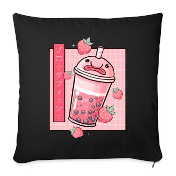 Kawaii Blobfish Boba japonais à la fraise - Housse de coussin décorative 45 x 45 cm - noir - Devant
