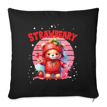 Petit ours kawaii japonais avec des fraises en costume - Housse de coussin décorative 45 x 45 cm - noir - Devant
