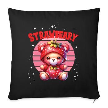 Petit ours kawaii japonais avec des fraises en costume - Housse de coussin décorative 45 x 45 cm - noir - Devant