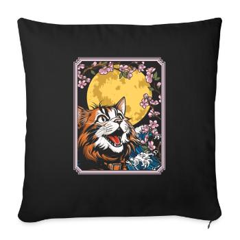 Chat Japon Fleur De Cerisier Lune - Housse de coussin décorative 45 x 45 cm - noir - Devant