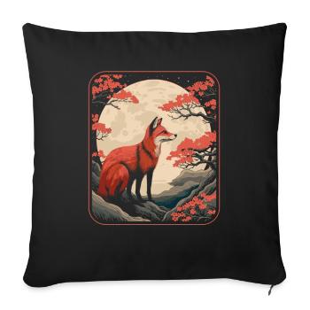 Renard Japon Cerisier Fleur Lune - Housse de coussin décorative 45 x 45 cm - noir - Devant