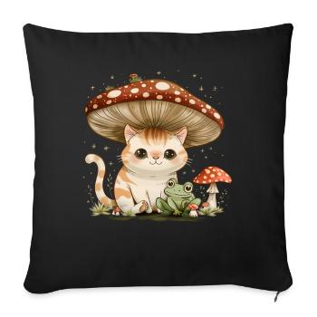 Cottagecore Esthétique Kawaii Chat Grenouille Champignon W - Housse de coussin décorative 45 x 45 cm - noir - Devant