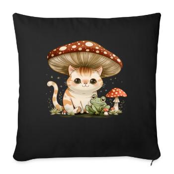Cottagecore Esthétique Kawaii Chat Grenouille Champignon W - Housse de coussin décorative 45 x 45 cm - noir - Devant