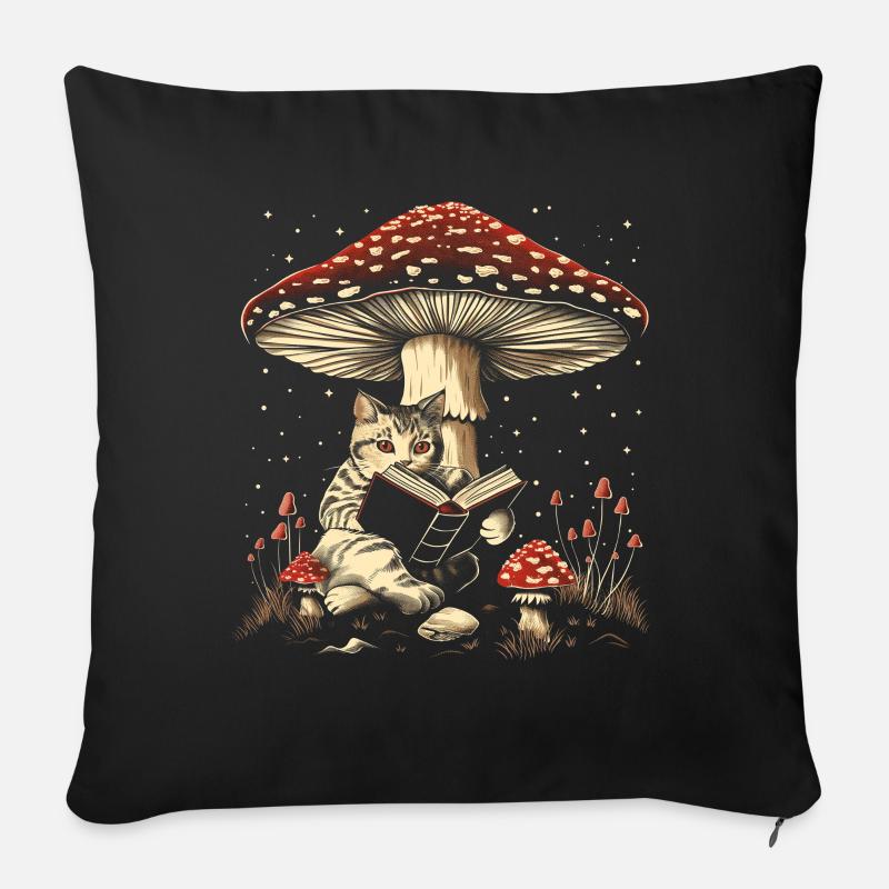 Cottagecore Ästhetische Katze Lesebuch Pilz Witchy - Sofakissenbezug 45 x 45 cm - Schwarz