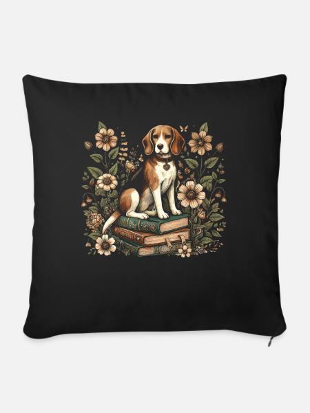 Beagle Blumenbuchleser Floralcottagecore - Sofakissenbezug 45 x 45 cm - Schwarz