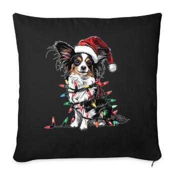 Niedlicher Papillon Hund Weihnachtsmütze Xmas - Sofakissenbezug 45 x 45 cm - Schwarz - Vorne