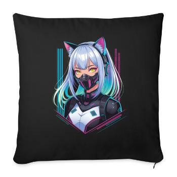 Cyberpunk Fille Future Oreilles de chat - Housse de coussin décorative 45 x 45 cm - noir - Devant