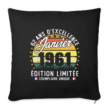 Vintage Cadeau Anniversaire 62 Ans Janvier 1961 - Housse de coussin décorative 45 x 45 cm - noir - Devant