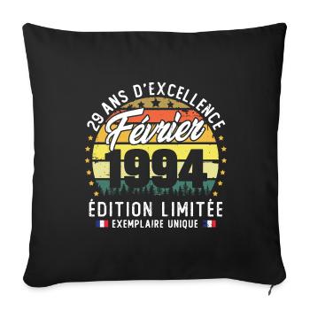 Vintage Cadeau Anniversaire 29 Ans Février 1994 - Housse de coussin décorative 45 x 45 cm - noir - Devant