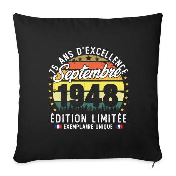 Vintage rétro septembre 1948 anniversaire 75 Ans - Housse de coussin décorative 45 x 45 cm - noir - Devant