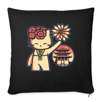 Chats de sanctuaire japonais: Fleurs Chat - Housse de coussin décorative 45 x 45 cm - noir - Devant