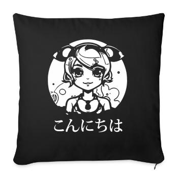 Konnichiwa – Bonjour ! Fille d’anime japonaise - Housse de coussin décorative 45 x 45 cm - noir - Devant