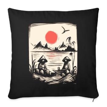 Soleil rouge japonais : pêcheurs et pêcheurs sur le lac - Housse de coussin décorative 45 x 45 cm - noir - Devant