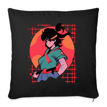 Fille guerrière dans le style classique de l’anime Vaporwave - Housse de coussin décorative 45 x 45 cm - noir - Devant