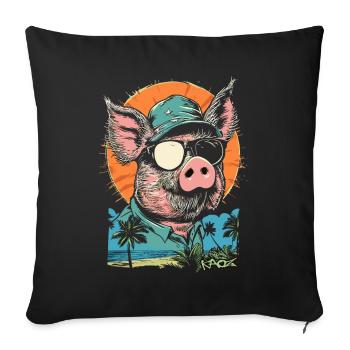 Cochon de vacances d'été plage palmiers - Housse de coussin décorative 45 x 45 cm - noir - Devant