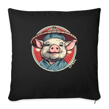 Chinesischer Bauer mit Strohhut Cartoon Schwein - Sofakissenbezug 45 x 45 cm - Schwarz - Vorne