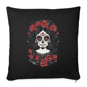 Sugar Skull Skull Femme avec des Roses - Housse de coussin décorative 45 x 45 cm - noir - Devant