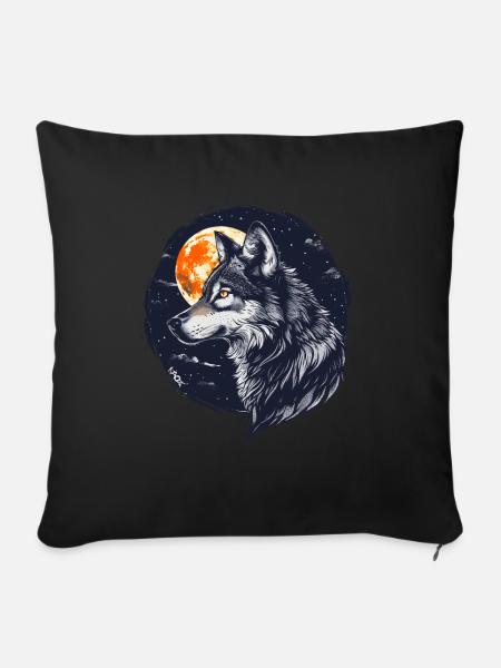 Wolf und Vollmond - Sofakissenbezug 45 x 45 cm - Schwarz