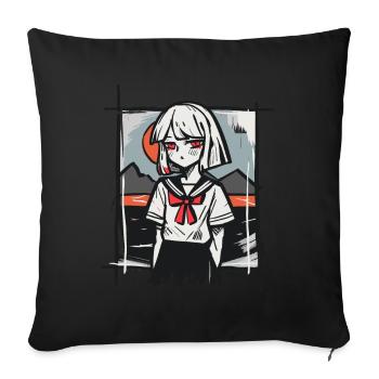 Soleil rouge japonais : une fille qui s’ennuie - Housse de coussin décorative 45 x 45 cm - noir - Devant
