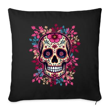 Tête de mort mexicaine, sugar skull, calavera rose - Housse de coussin décorative 45 x 45 cm - noir - Devant