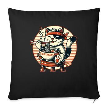 Eating ramen, happy cat - Sofa pillowcase 17,3'' x 17,3'' (45 x 45 cm) - black - Front