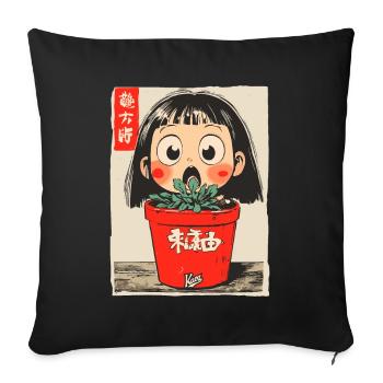 fille de dessin animé derrière un pot de fleurs - Housse de coussin décorative 45 x 45 cm - noir - Devant