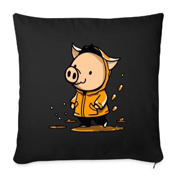 Cochon joyeux sous la pluie en imperméable jaune - Housse de coussin décorative 45 x 45 cm - noir - Devant
