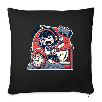 Müdes Mädchen mit Hammer und ein Wecker - Sofakissenbezug 45 x 45 cm - Schwarz - Vorne