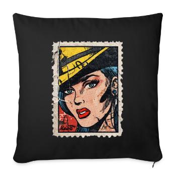 Pop Art Woman with Hat on Retro Comic Postage Stamp - Sofa pillowcase 17,3'' x 17,3'' (45 x 45 cm) - black - Front