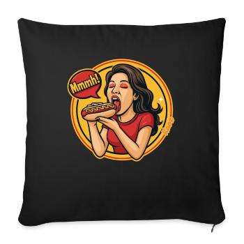 Femme appréciant hotdog bande dessinée style pop art - Housse de coussin décorative 45 x 45 cm - noir - Devant