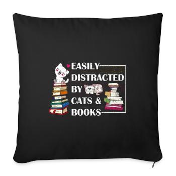 Amoureux des chats facilement distrait par les chats et les livres - Housse de coussin décorative 45 x 45 cm - noir - Devant