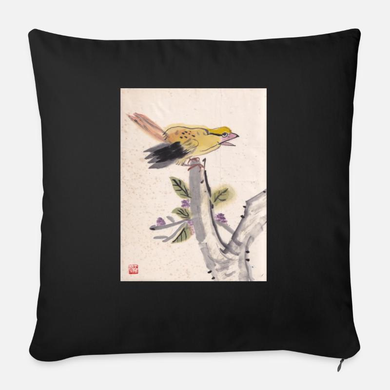 Chinesische Malerei gelber Vogel - Sofakissenbezug 45 x 45 cm - Schwarz