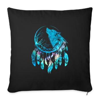Traumfänger, Wolf, Mond, Natur, Baum, Tribal Stil - Sofakissenbezug 45 x 45 cm - Schwarz - Vorne