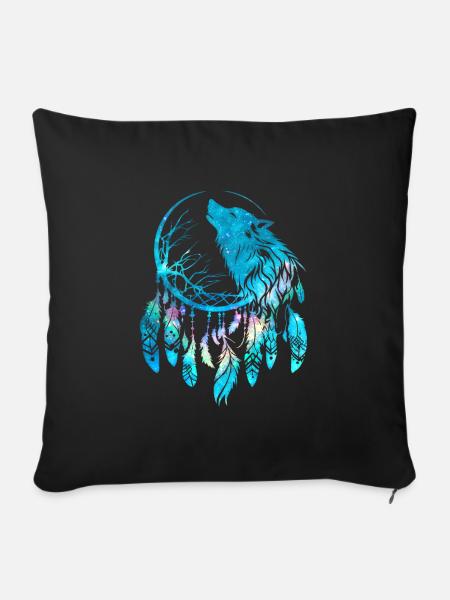 Traumfänger, Wolf, Mond, Natur, Baum, Tribal Stil - Sofakissenbezug 45 x 45 cm - Schwarz