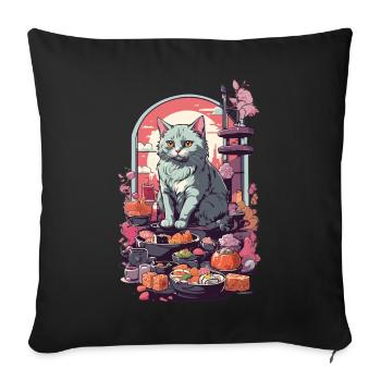 Retro Katze Sushi Sashimi Ukiyo-E Kunststil - Sofakissenbezug 45 x 45 cm - Schwarz - Vorne