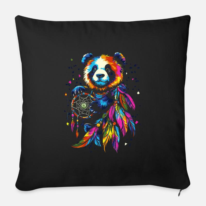 Panda avec attrape-rêves - Housse de coussin décorative 45 x 45 cm - noir