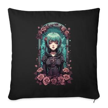 Anime Gothique Fille avec Roses Occulte Vaporwave - Housse de coussin décorative 45 x 45 cm - noir - Devant
