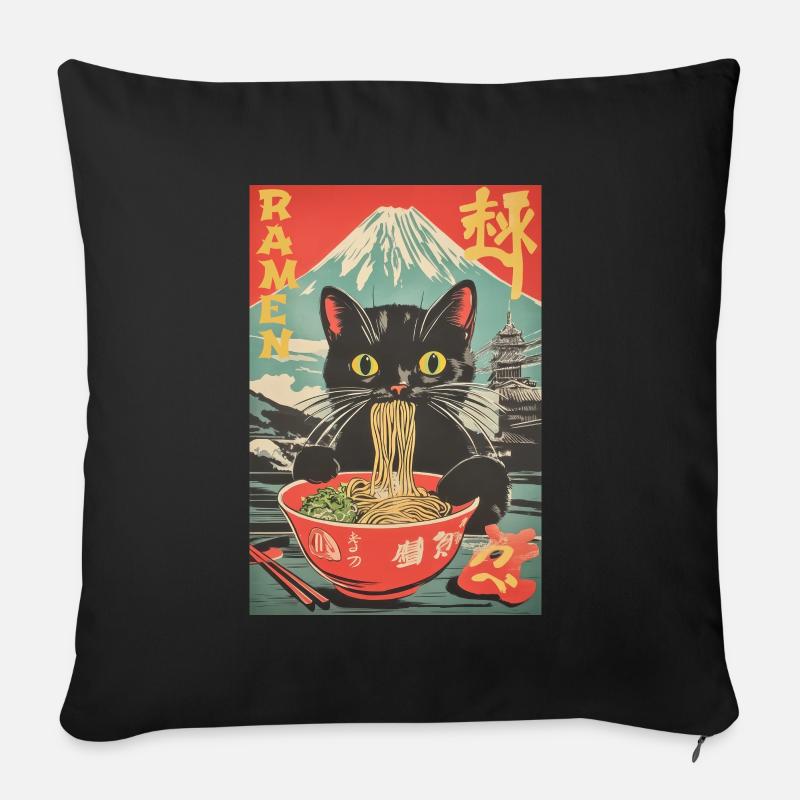 Vintage Anime Katze Ramen Japan - Sofakissenbezug 45 x 45 cm - Schwarz